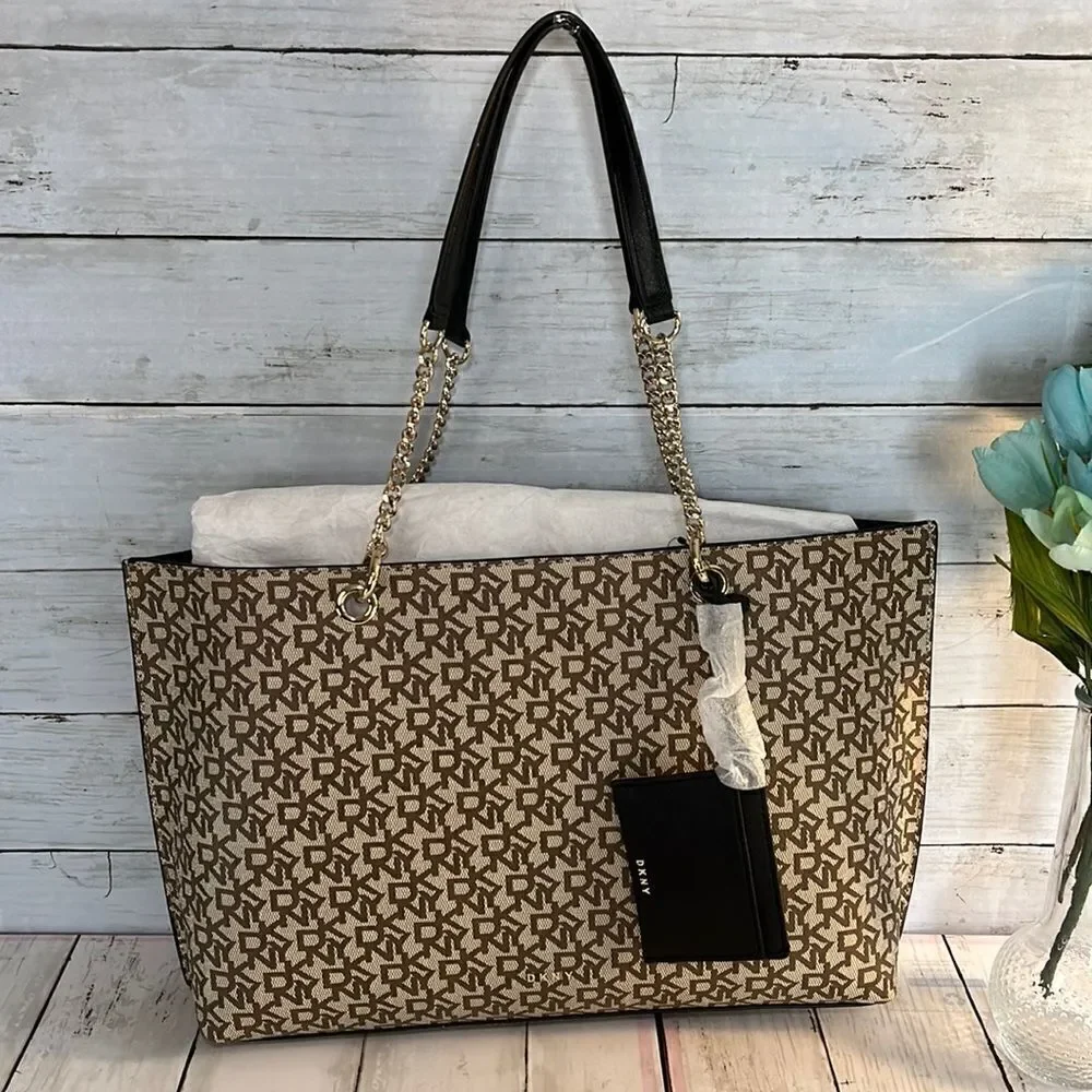 DKNY Logo Brown Beige Claryce Tote Bag Purse with Mini Wallet Card Holder